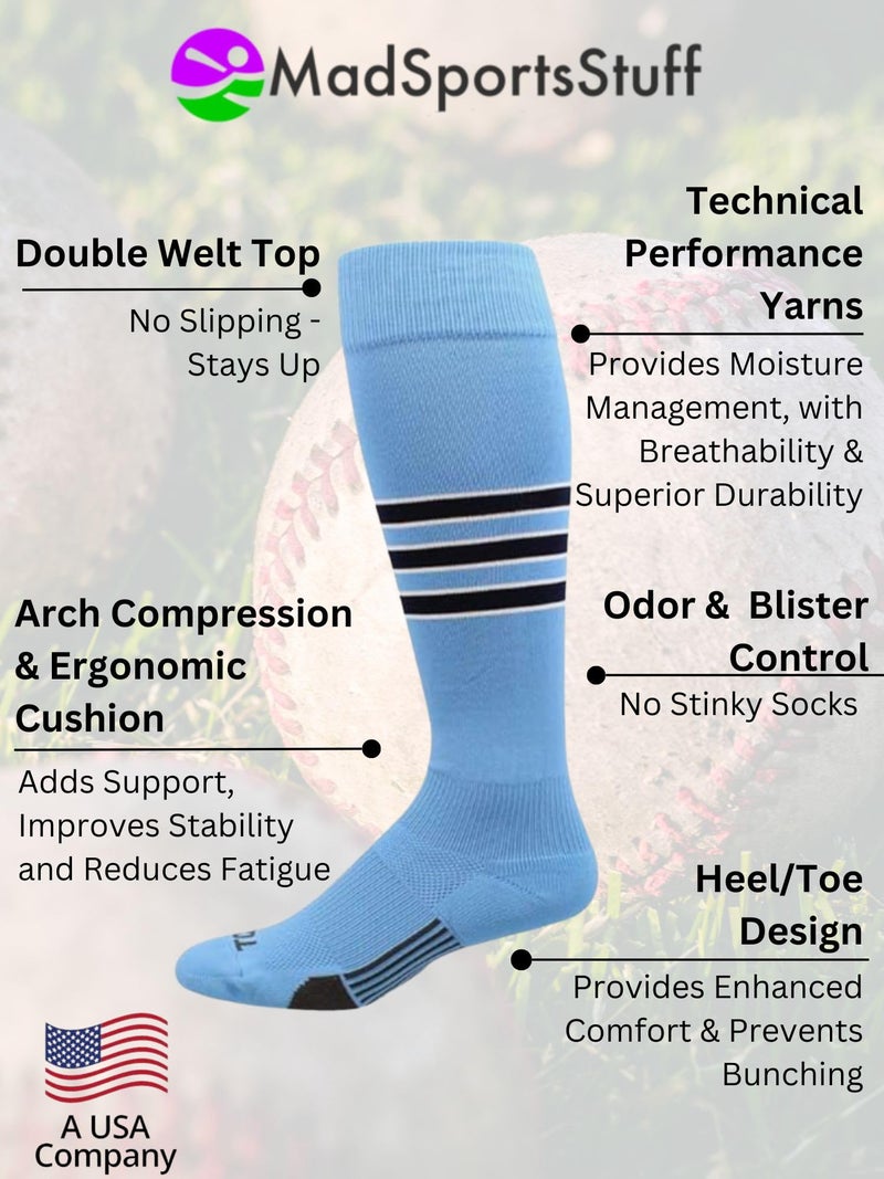 MadSportsStuff Dugout 3 Stripe Baseball Socks (Columbia Blue/Navy/White, Medium) - Columbia Blue/Navy/White,Medium - Image 2